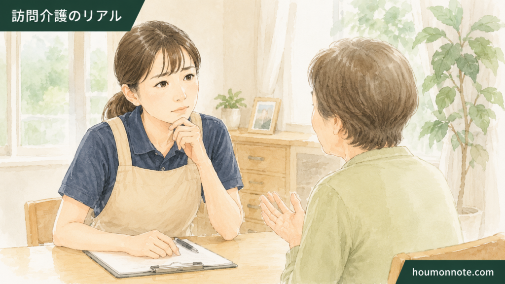 障害福祉の在宅支援で本人と家族の希望の違いに戸惑うヘルパーのイラスト