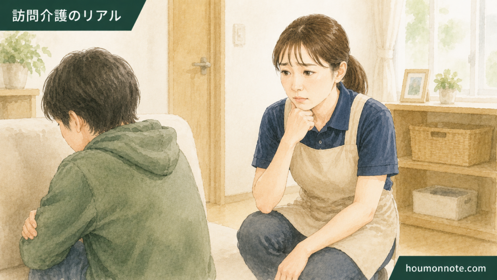 障害福祉の在宅支援で利用者さんの拒否に戸惑うヘルパーのイラスト