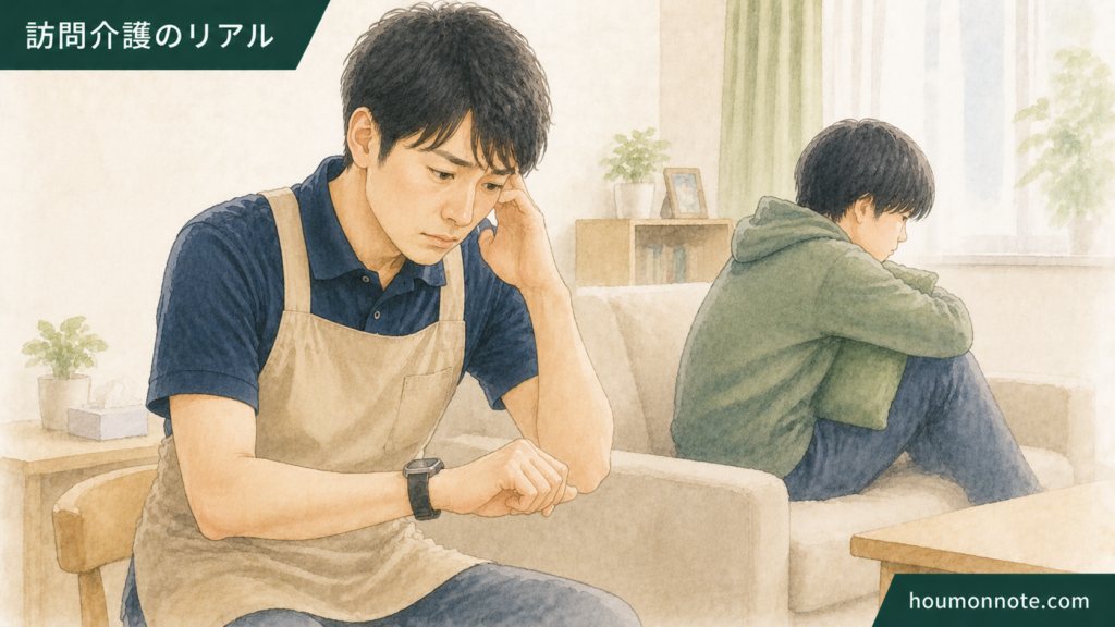 障害福祉の在宅支援で予定通りに進まず戸惑う男性ヘルパーのイラスト