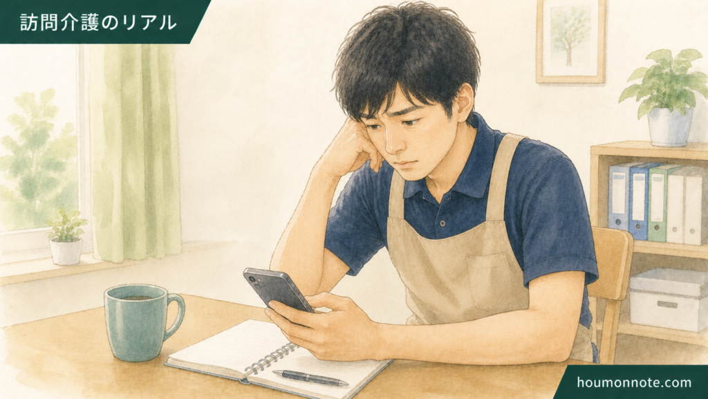 障害福祉の支援後にスマホを見ながら報告や相談を迷う男性ヘルパーのイラスト