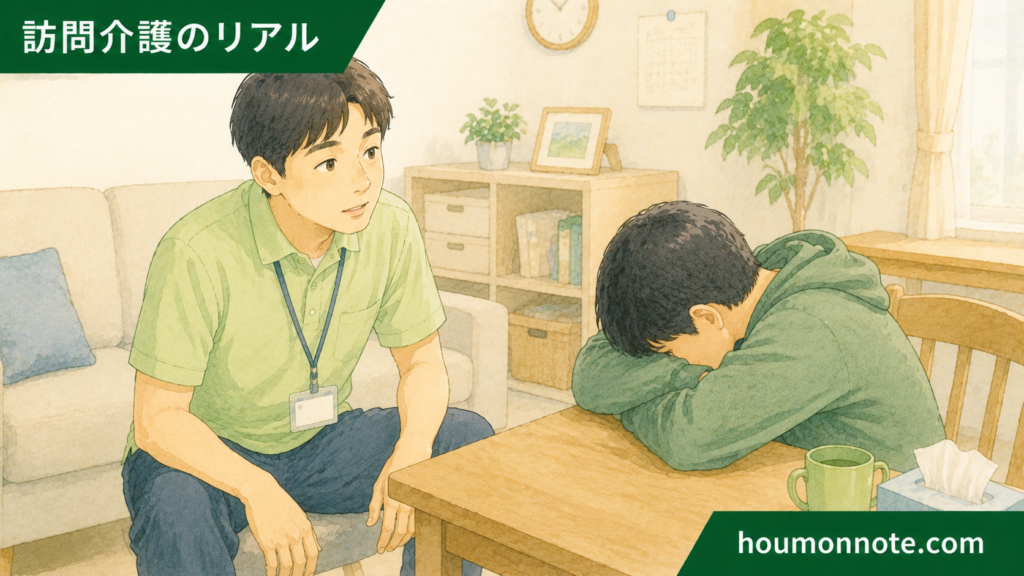 障害福祉の支援で反応が少ない利用者を見守りながら戸惑うヘルパーのイラスト
