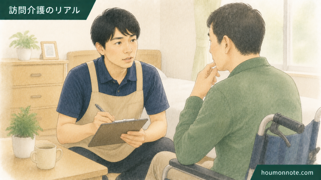 障害福祉の支援現場で利用者さんの様子や支援の流れを確認する男性ヘルパーのイラスト