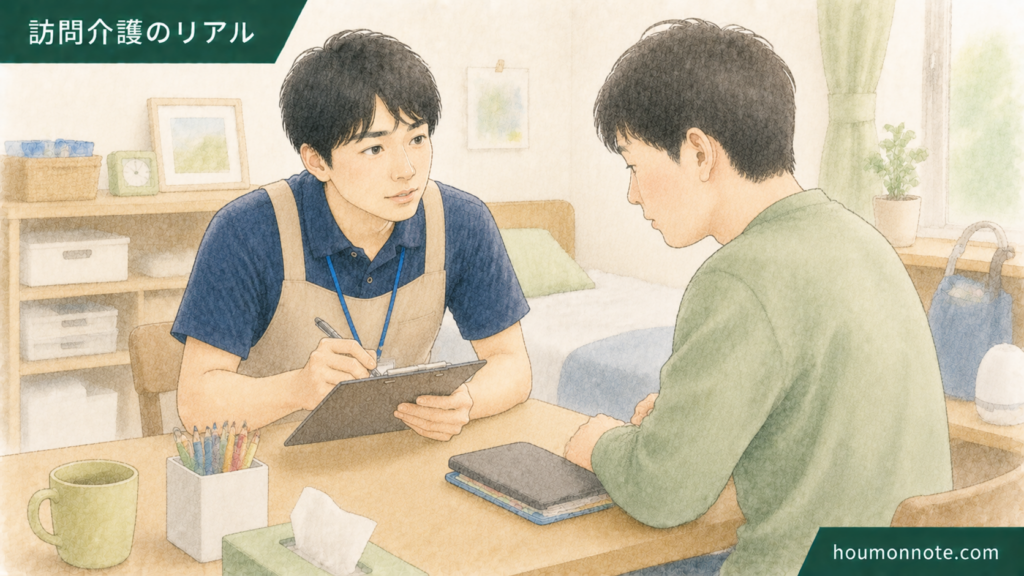 障害福祉の初回同行で利用者さんの表情や反応を確認する男性ヘルパーのイラスト