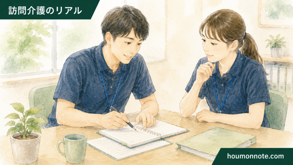 障害福祉の事業所で支援手順や声かけ方法を職員同士で共有するイラスト