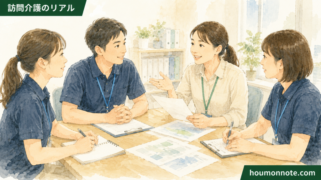 障害福祉の事業所で利用者さんとの関わり方や支援方針を職員同士で共有しているイラスト