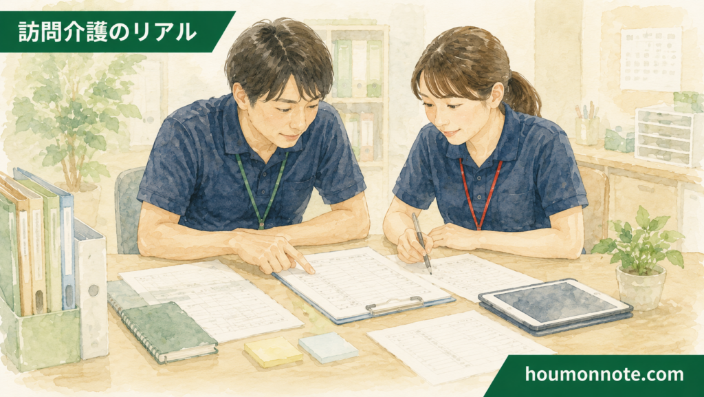 障害福祉の事業所でサ責とヘルパーが記録を確認し支援の傾向を共有しているイラスト
