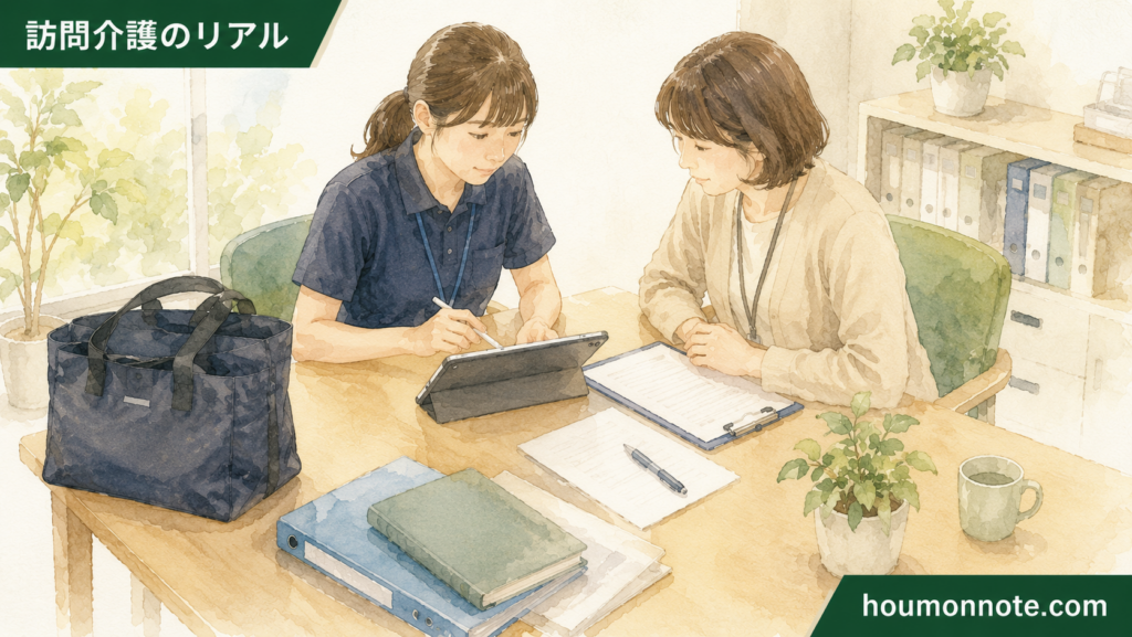 支援後にヘルパーが記録用紙やタブレットを確認し、サ責と一緒に状況を共有しているイラスト
