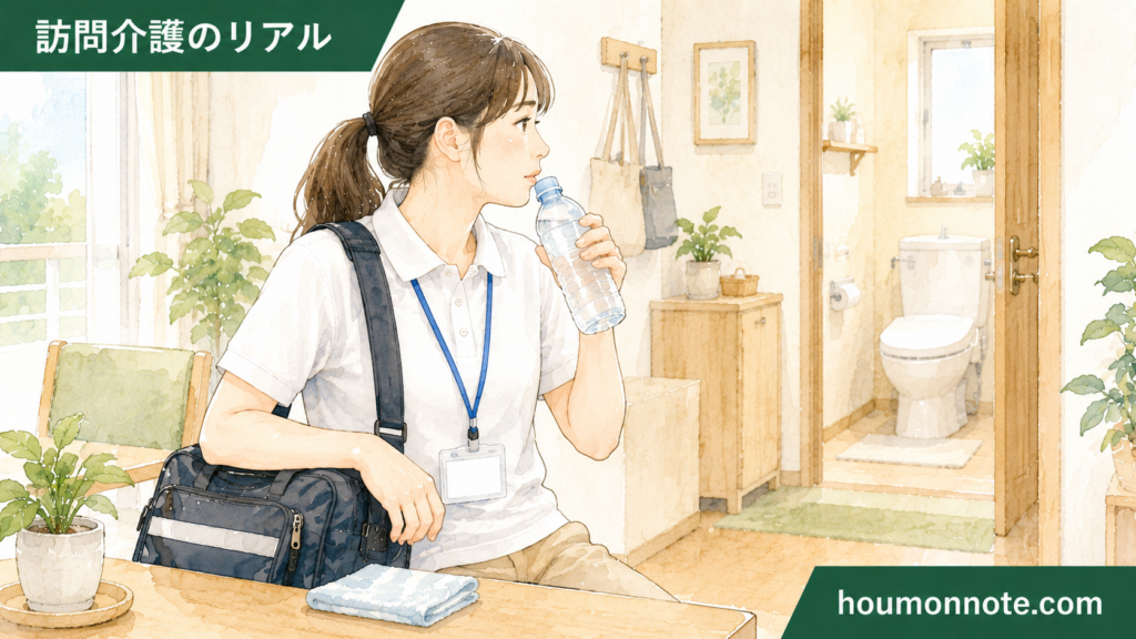 利用者宅で水分補給をしながら、トイレを借りることや体調管理について考える訪問介護ヘルパーのイラスト
