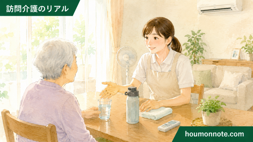 暑い利用者宅でヘルパーが利用者さんに水分補給をやさしく促しているイラスト