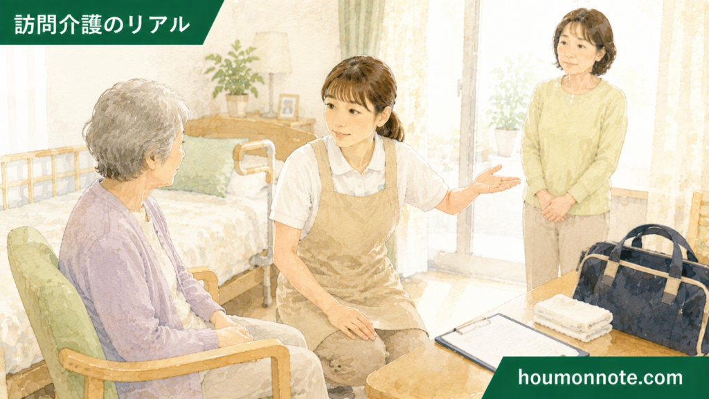 利用者さんと家族に対して、ヘルパーが支援前に安全確認や声かけをしているイラスト