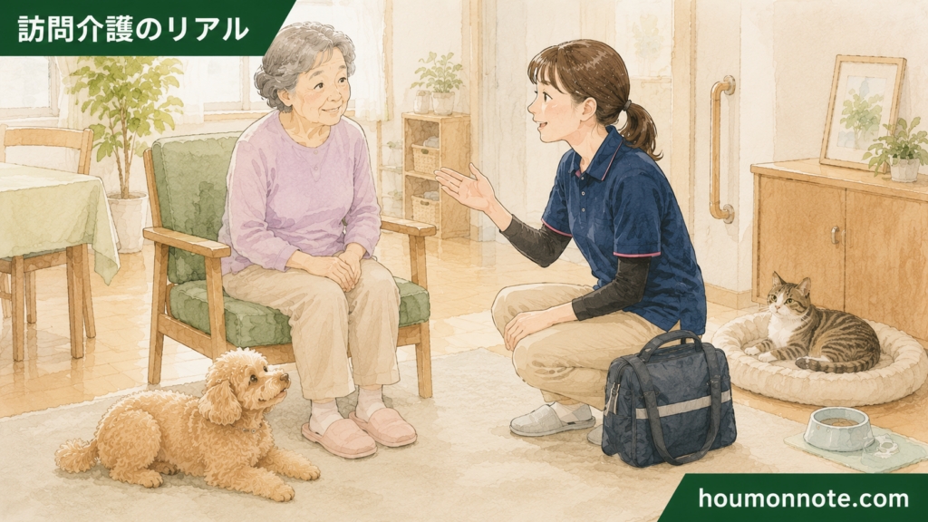 ペットがいる利用者宅でヘルパーが安全面について利用者さんにやさしく声かけしているイラスト