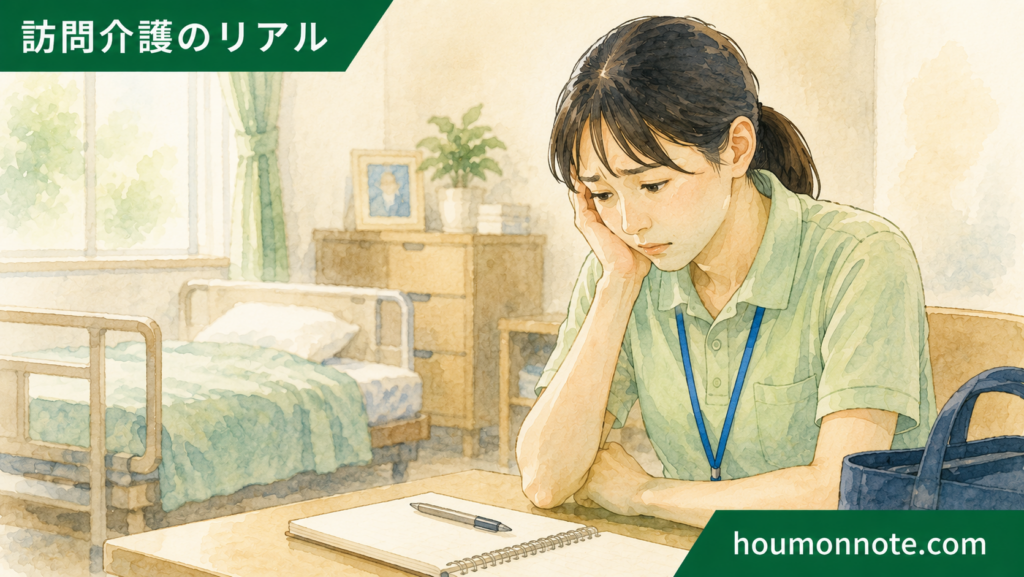 障害福祉の現場で一人で判断を抱え込み悩むヘルパーのイラスト