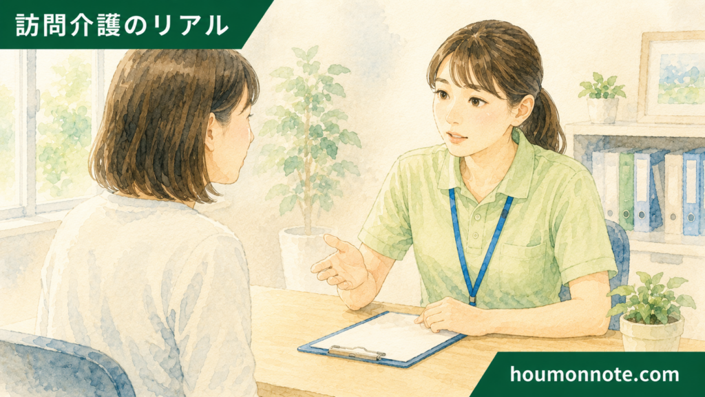 障害福祉の事業所見学で同行体制や支援手順について質問する介護職員のイラスト