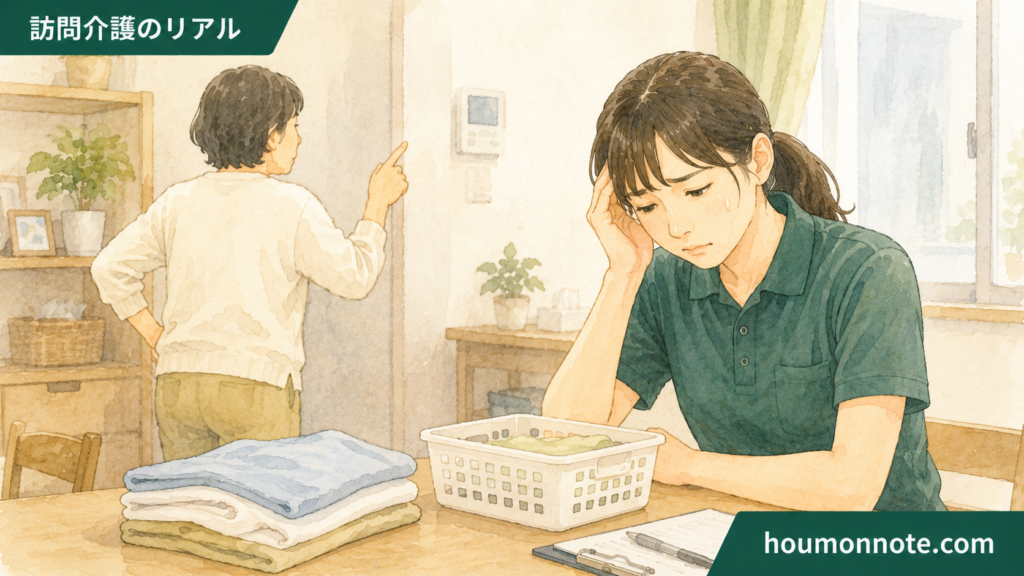 障害福祉の支援で細かいこだわりへの対応に悩むヘルパーのイラスト