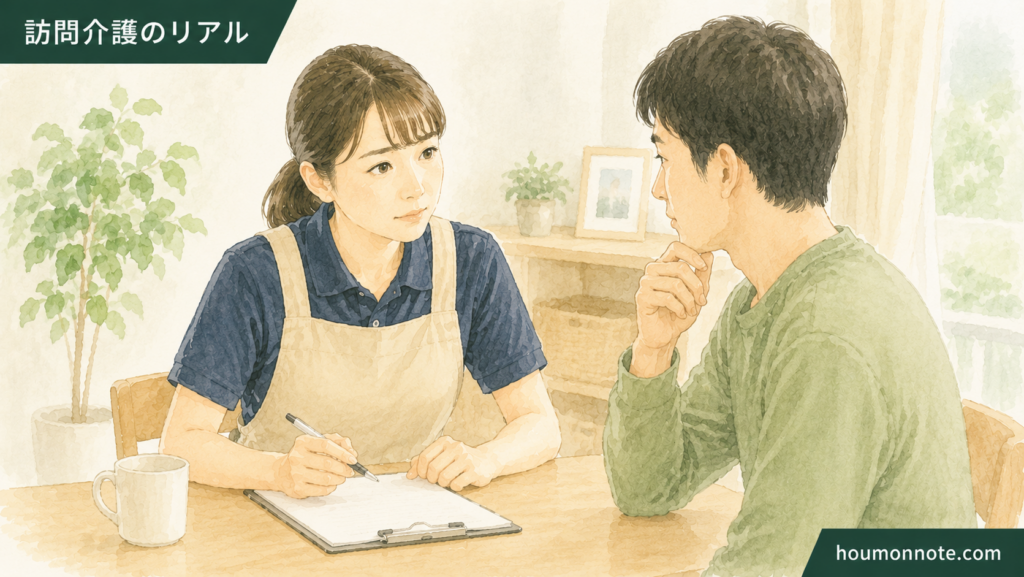 障害福祉で本人の意思と家族の希望を確認しながら支援を考えるヘルパーのイラスト