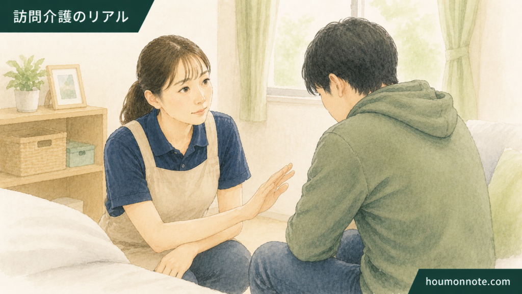 障害福祉で利用者さんの様子を見ながら落ち着いて声かけするヘルパーのイラスト
