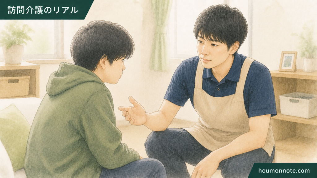 障害福祉で利用者さんのペースを見ながら落ち着いて声かけする男性ヘルパーのイラスト