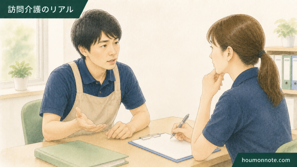 障害福祉で支援中の出来事をサ責に相談する男性ヘルパーのイラスト