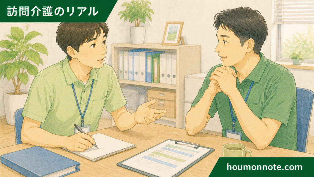 障害福祉のヘルパーが事務所で管理者に支援の悩みを相談しているイラスト