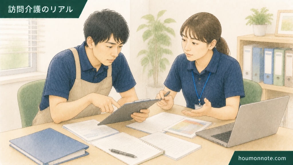 障害福祉の事業所で支援手順や相談内容を職員同士で共有するイラスト