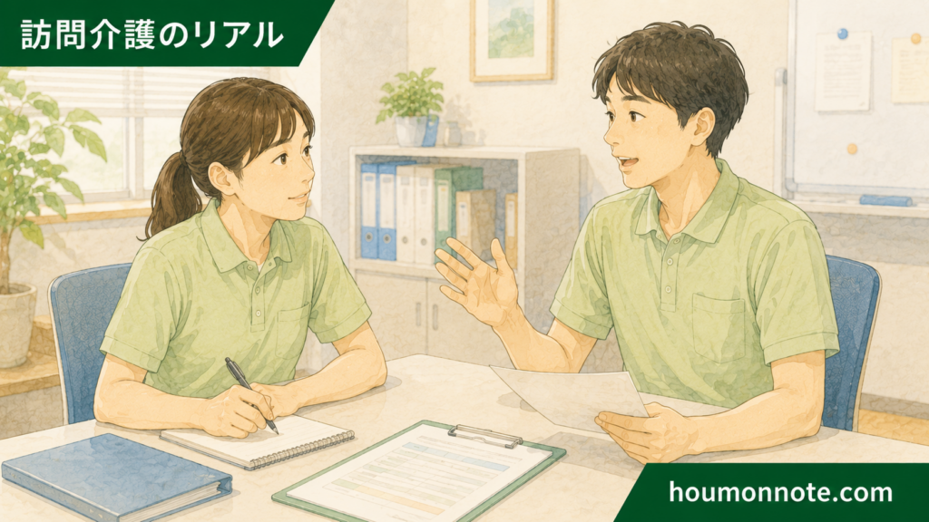 障害福祉の新人ヘルパーが事務所で支援内容を相談しているイラスト