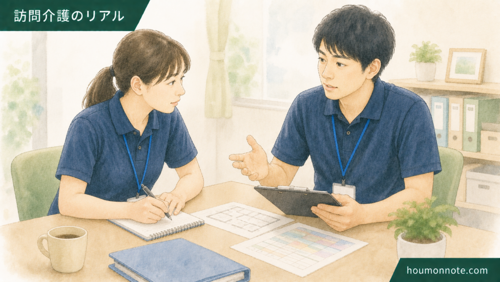 障害福祉の事業所で初回同行後の支援方針を職員同士で共有するイラスト