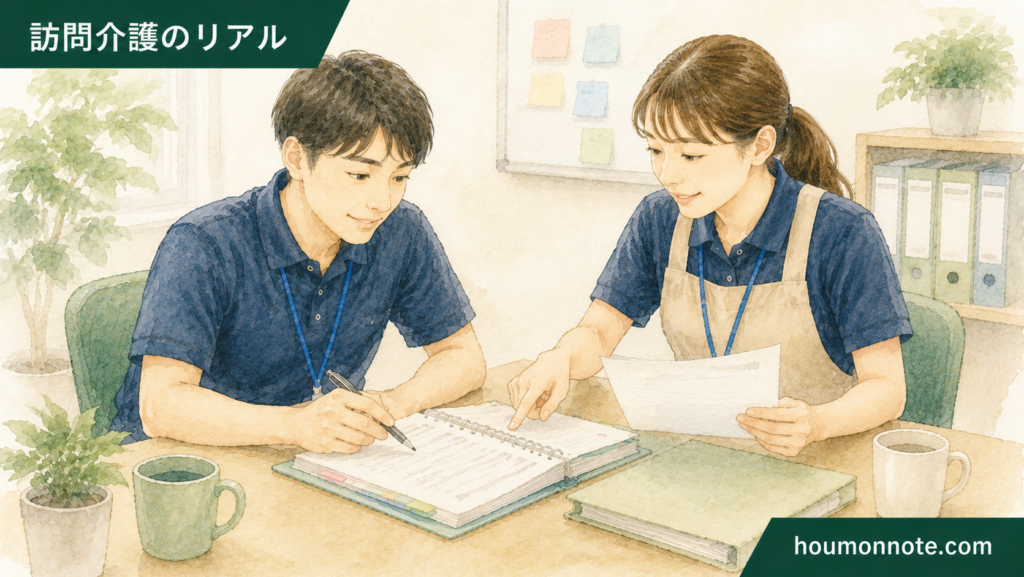 障害福祉の支援手順書を更新しながら職員同士で支援方針を確認するイラスト