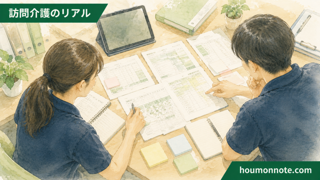 障害福祉の記録をもとに拒否や不安定さの傾向を整理し支援方法を見直しているイラスト