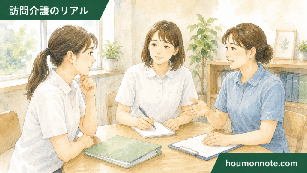 事業所でヘルパー同士が長時間支援中のトイレや水分補給について話し合っているイラスト