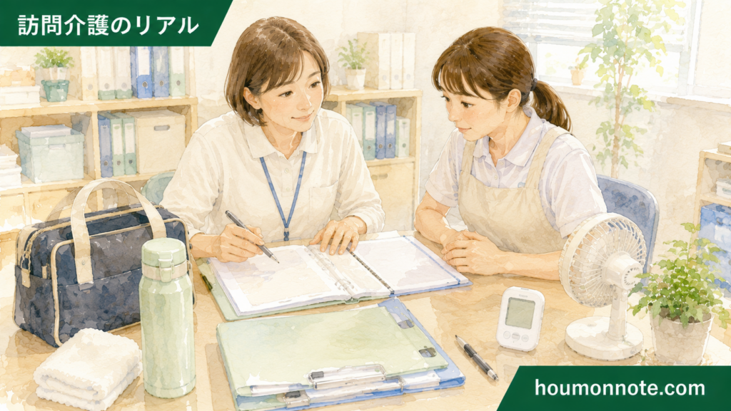 事業所でサ責とヘルパーが水分補給や室温管理について記録を見ながら支援環境を確認しているイラスト
