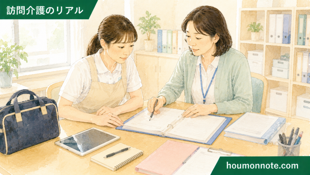 事業所でサ責とヘルパーが記録を確認しながら、家族対応や支援の進め方を整理しているイラスト