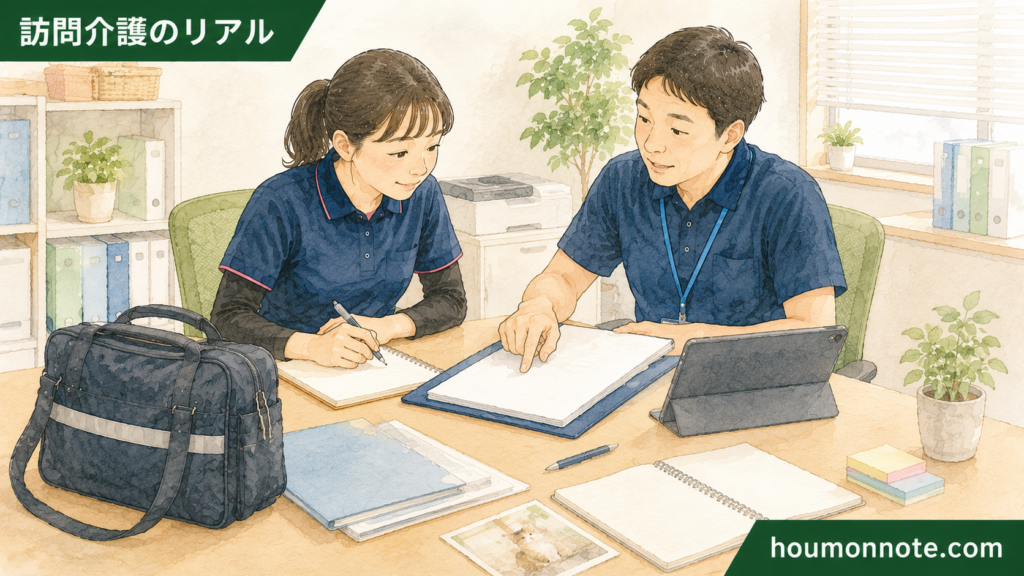 事業所でサ責とヘルパーがペットのいる利用者宅での支援について記録を確認しているイラスト
