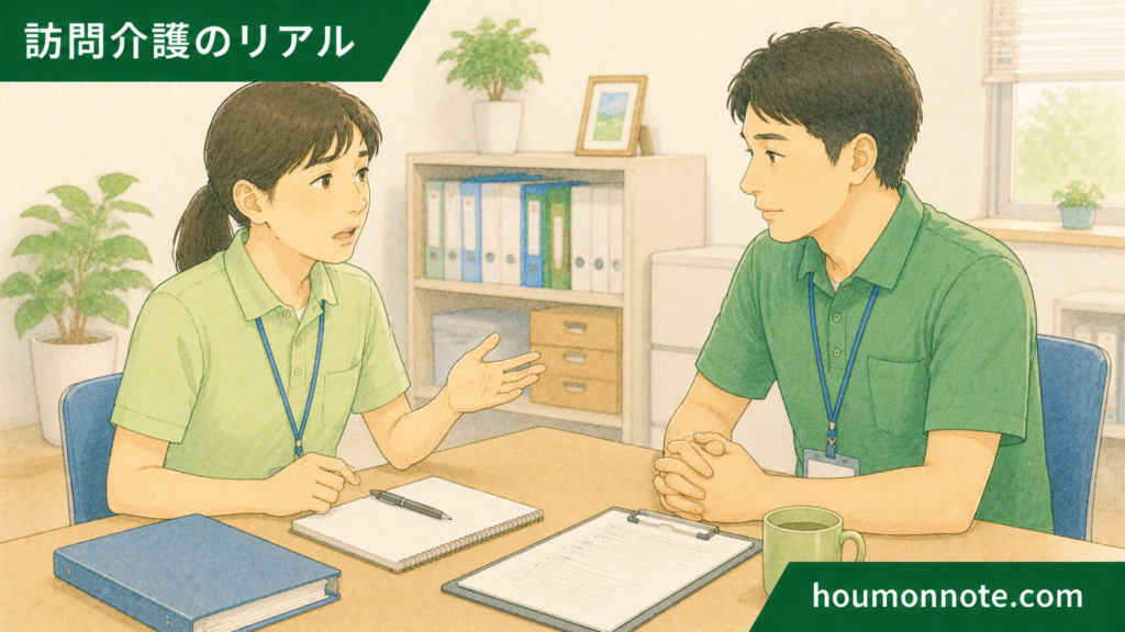 障害福祉のヘルパーが事務所で担当変更や再同行について相談しているイラスト
