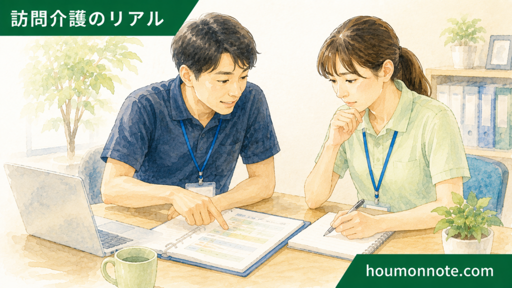 障害福祉の求人や事業所選びについて相談している介護職員のイラスト
