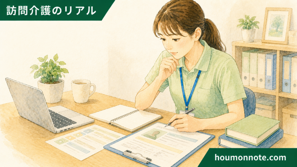 障害福祉の転職活動で求人情報と事業所の支援体制を整理する介護職員のイラスト