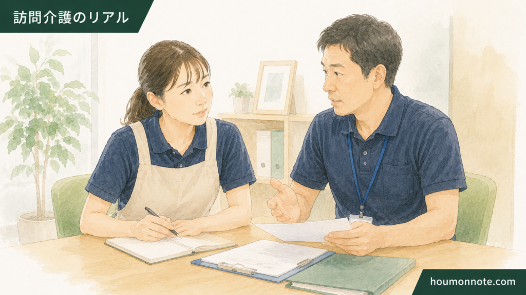 障害福祉の事業所で家族対応の方針を職員同士で共有するイラスト