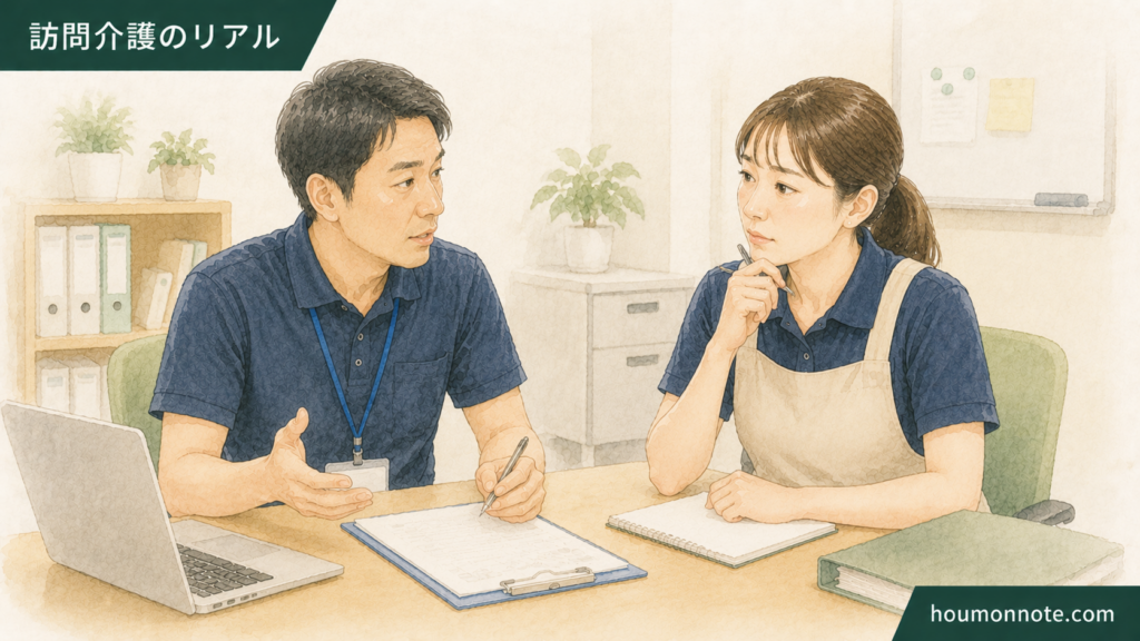 障害福祉の事業所で拒否対応について職員同士で共有するイラスト