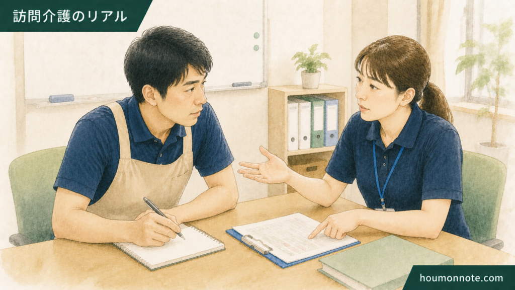 障害福祉の事業所で予定変更時の支援方針を職員同士で共有するイラスト