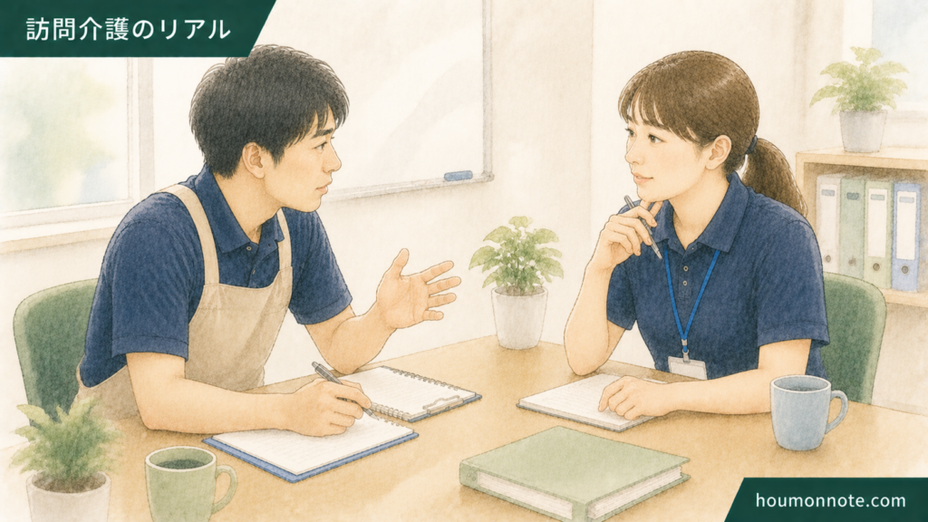 障害福祉の事業所でヘルパーの報告内容を職員同士で共有するイラスト