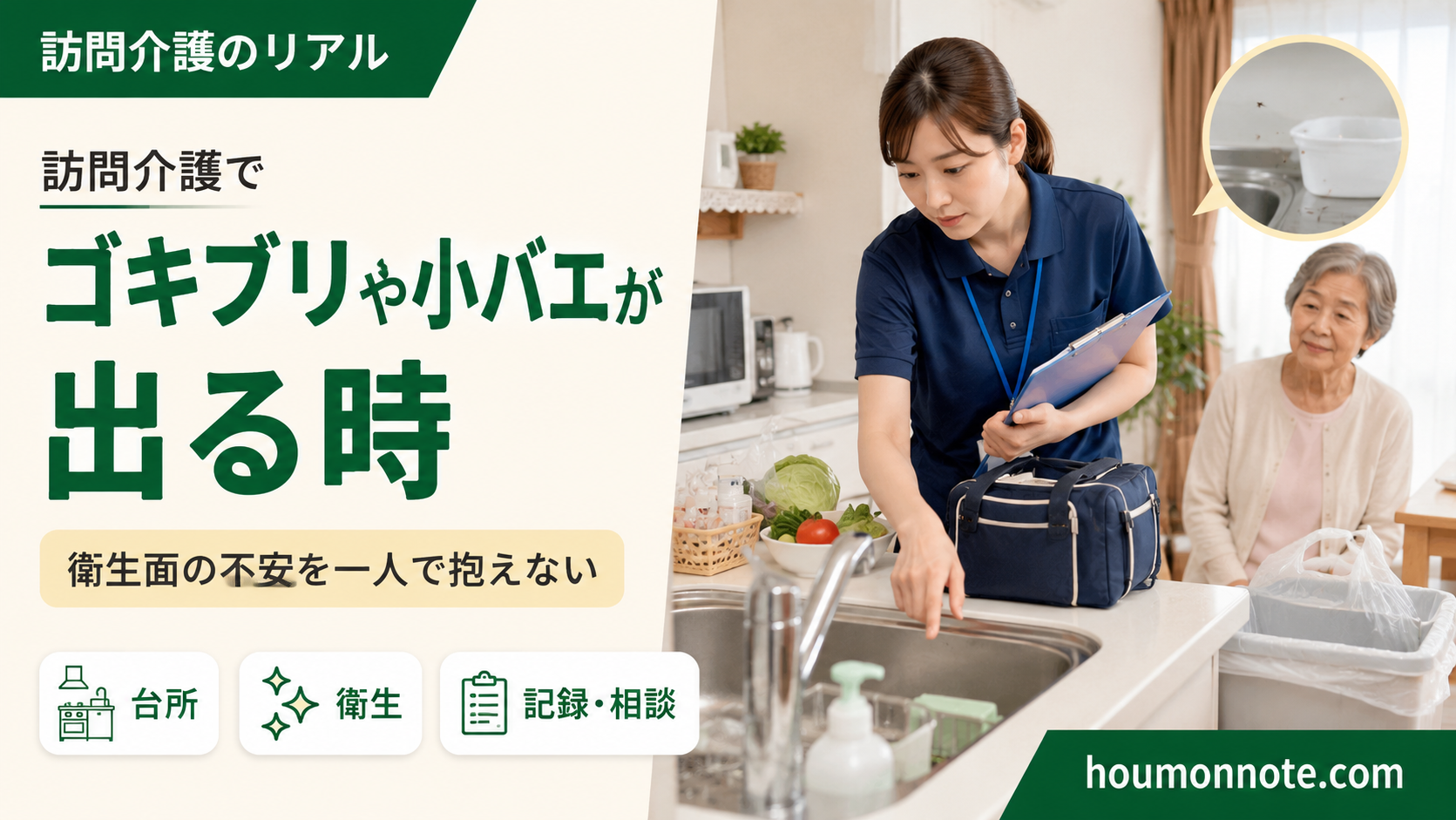 訪問介護で利用者宅にゴキブリや小バエが出る時の衛生面の不安を、台所で確認するヘルパーの場面で表したアイキャッチ画像