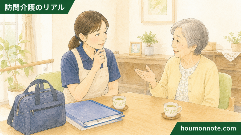 利用者宅で利用者さんが雑談の流れで私的なことを尋ね、ヘルパーが返答に迷っているイラスト