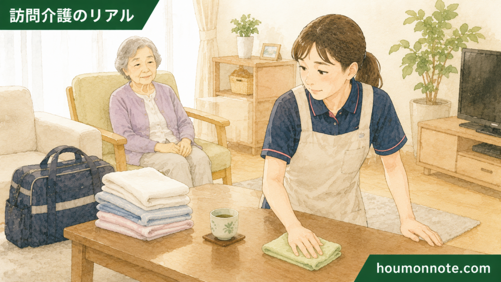利用者宅のリビングでヘルパーがテーブルを拭き、利用者さんが静かに過ごしている訪問介護の支援場面