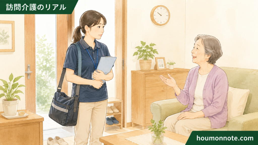 利用者宅の玄関付近で、訪問したヘルパーが利用者さんの話を聞きながら支援に入るタイミングを考えている場面
