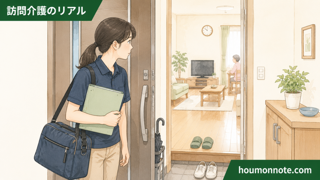利用者宅の玄関で、訪問介護のヘルパーが入室前に室内の様子を落ち着いて確認している場面
