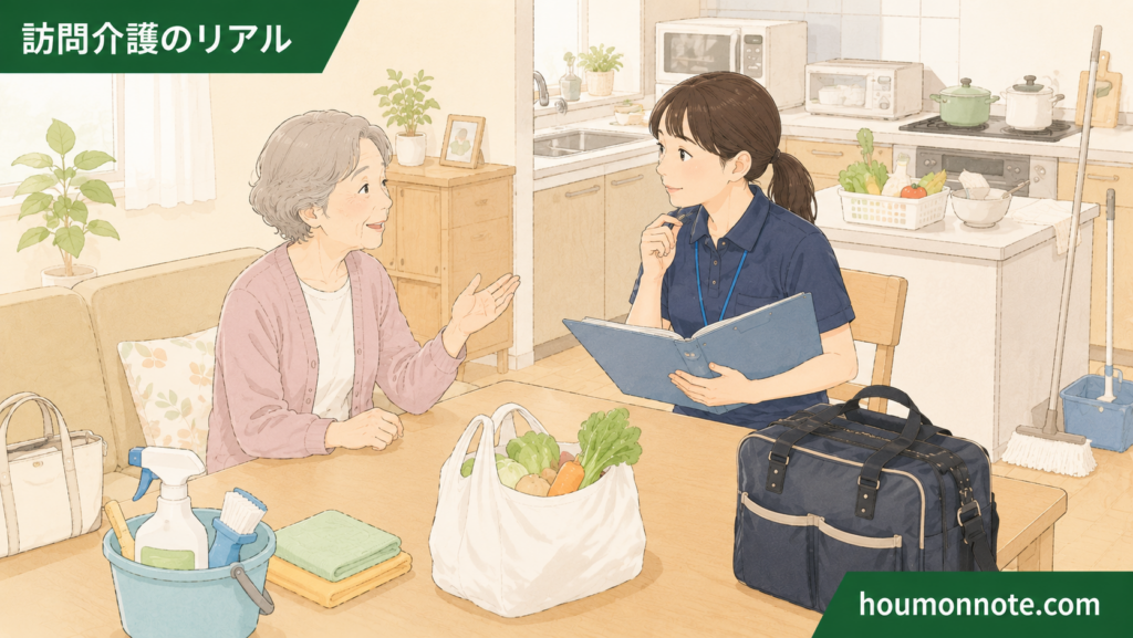 利用者宅で、利用者さんから予定外の家事や買い物の依頼を受けたヘルパーが、支援内容の確認が必要だと感じている場面