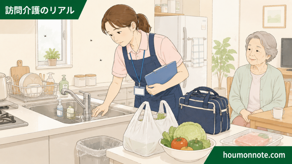 利用者宅の台所で、ヘルパーが調理支援前にシンク周りや食品まわりの衛生状態を確認している場面