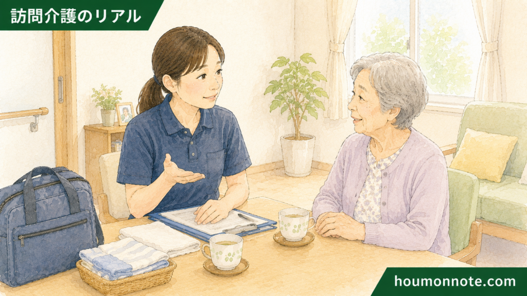 利用者さんから私的なことを聞かれたヘルパーが、やわらかく線引きしながら支援内容へ話題を戻しているイラスト