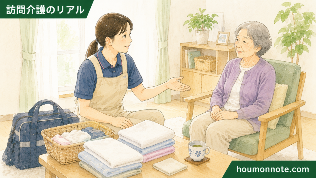 訪問介護ヘルパーが利用者さんへ短い声かけをしながら、自然な距離感で支援を進めているイラスト