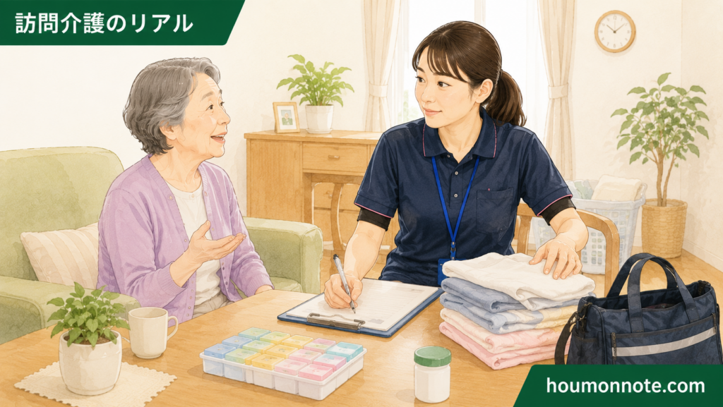 利用者さんの話を聞きながら、ヘルパーが記録確認や洗濯物の整理を進めている訪問介護の支援場面