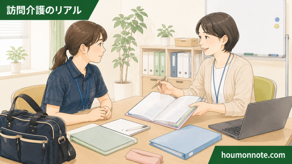 訪問介護事業所で、ヘルパーとサ責が初回訪問前に支援手順書や記録ファイルを確認している場面